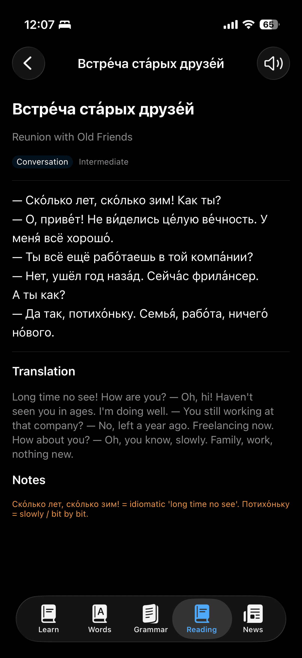 DailyRussian reading screen with an intermediate conversation, translation, notes, and audio control.