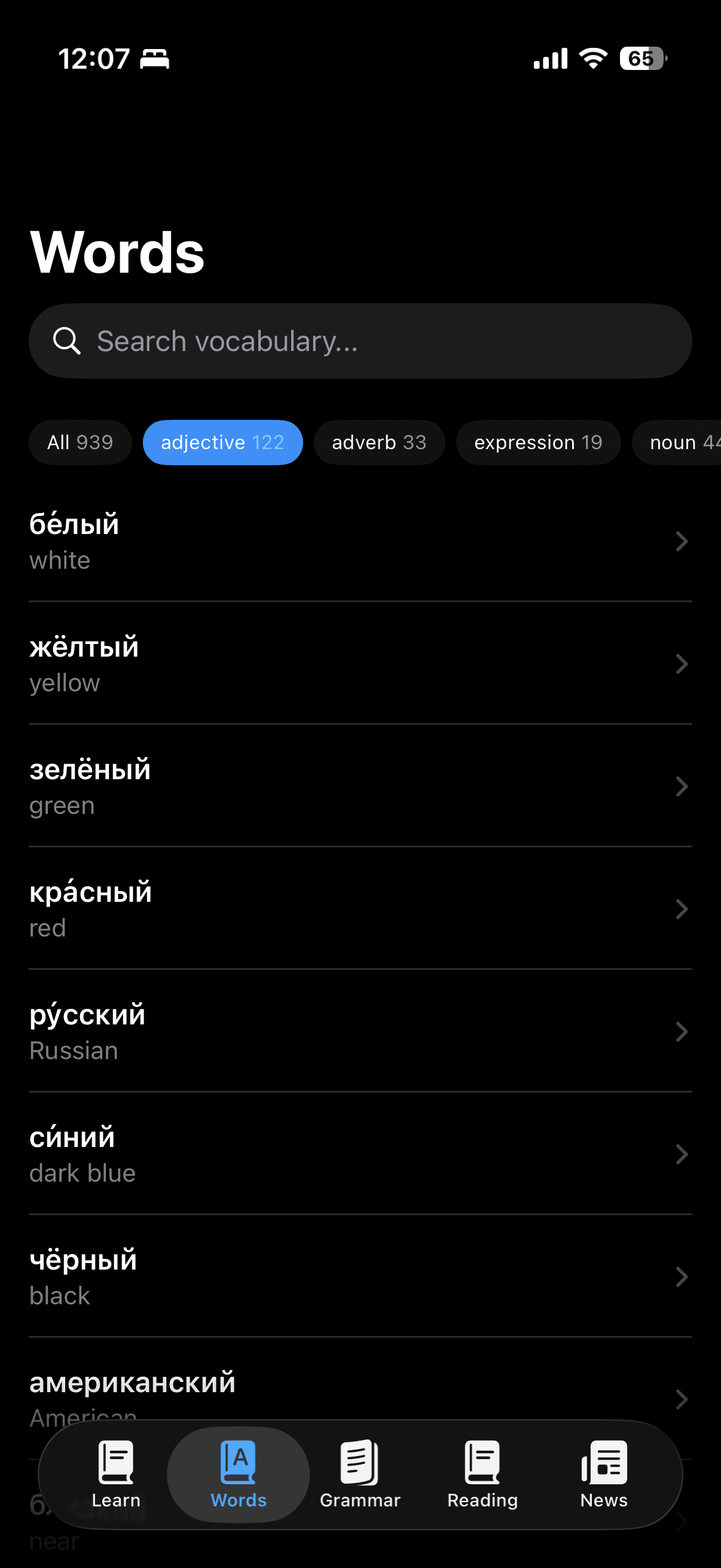 DailyRussian vocabulary screen with Russian words, English translations, search, and part-of-speech filters.