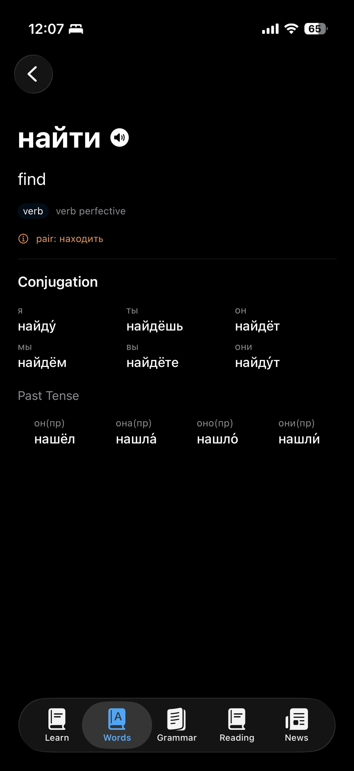 DailyRussian word detail showing pronunciation, an aspectual pair, and Russian verb conjugations.