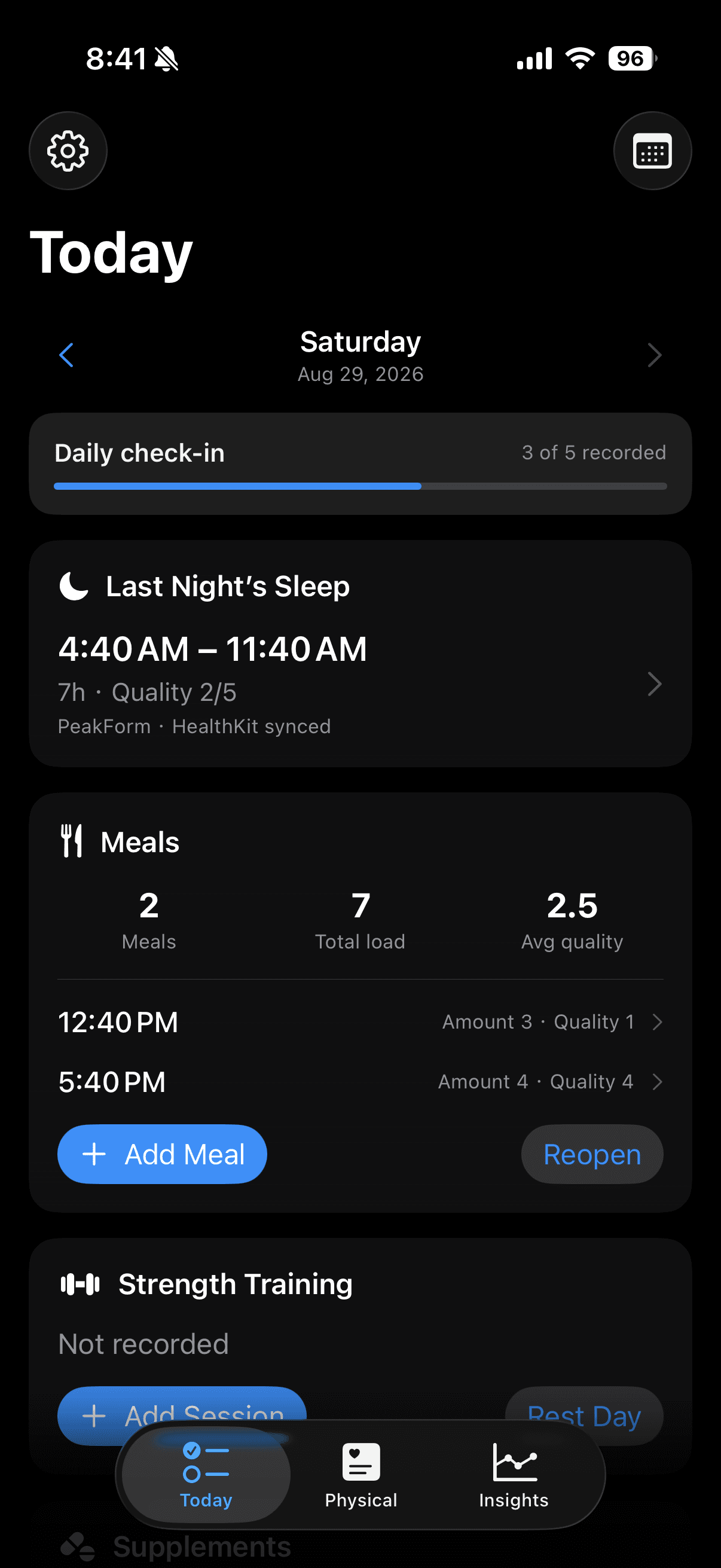 PeakForm Today screen