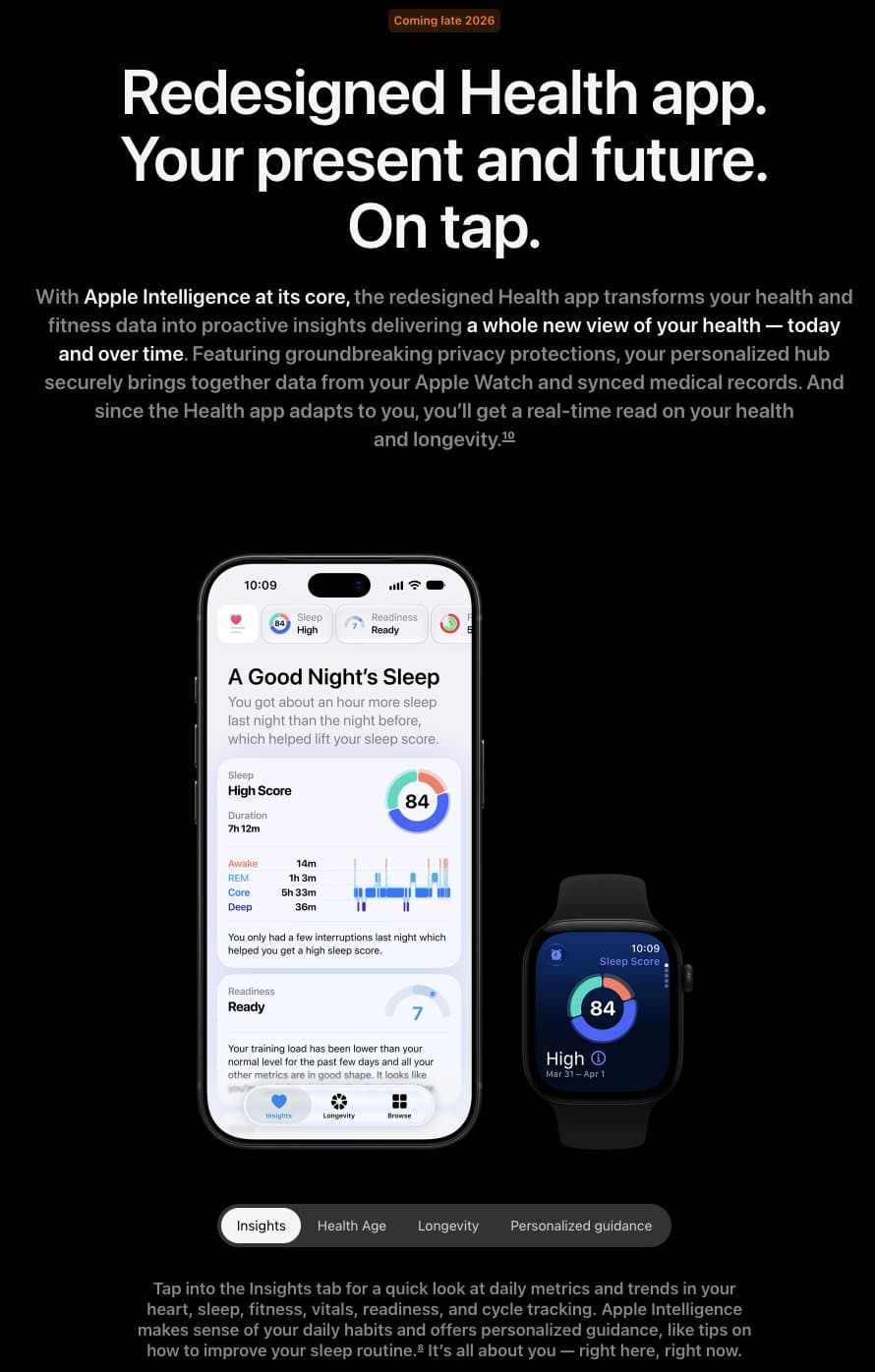 Apple preview of the redesigned Health app showing personalized insights on iPhone and Apple Watch